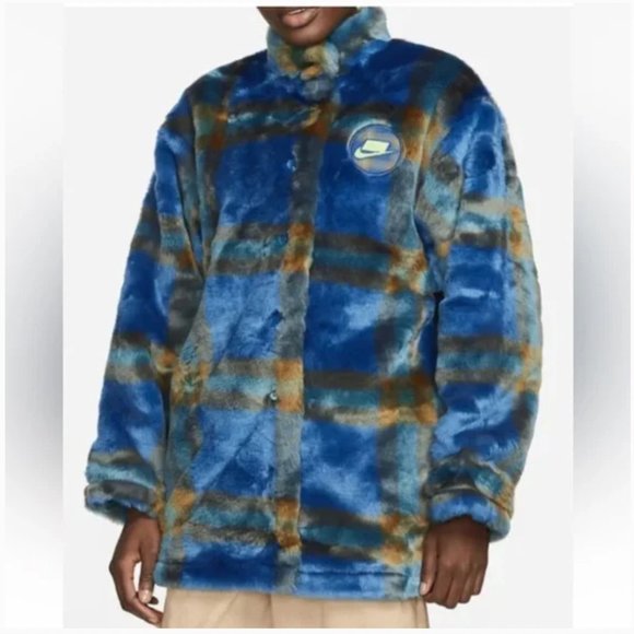 Nike Faux Fur Plaid Jacket Blue Green oversized Sportswear streetwear - Picture 10 of 11